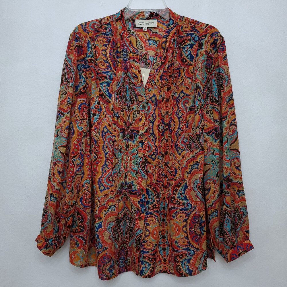 Jones New York Colorful Paisley Pleated Hippie Boho Button Shirt Size 1X - NWT